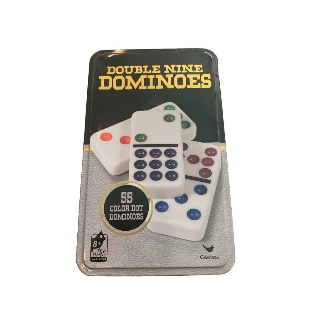 Cardinal Double Nine Dominoes Set 55 Color Dot Pieces Game With Metal Tin